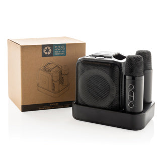 Set de Karaoke Sostenible de ABS Reciclado con Certificado RCS para Personalizar con Dos Micrófonos y Altavoz 5W SingVibe