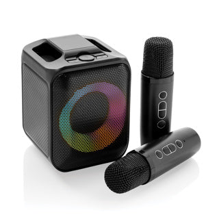 Set de Karaoke Sostenible de ABS Reciclado con Certificado RCS para Personalizar con Dos Micrófonos y Altavoz 5W SingVibe