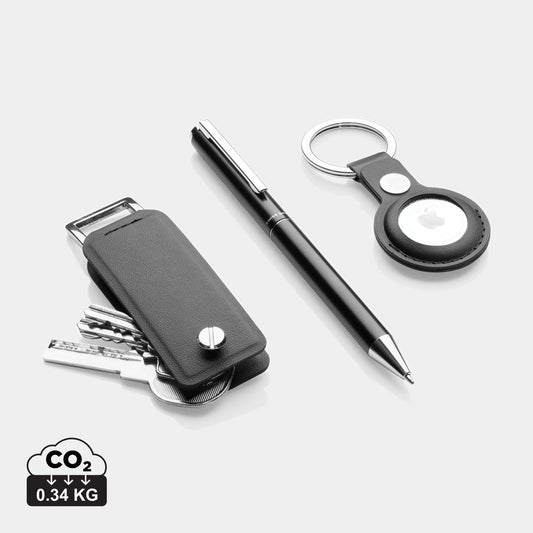 Set de Regalo de 3 piezas con Bolígrafo de Aluminio Reciclado,  Llavero y Soporte para AirTag Ecológico de PU Reciclado con Certificado RCS para Personalizar Especial Welcome Pack Tula Lujo