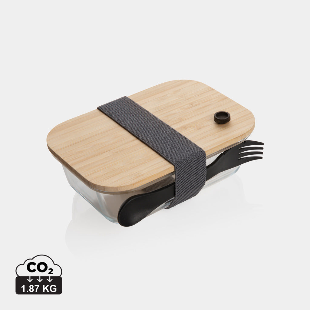 Tupper Ecológico de Vidrio de Borosilicato con Tapa de Bambú para Personalizar con Tenedor Reutilizable Incluido Especial Oficinas - 0,6L