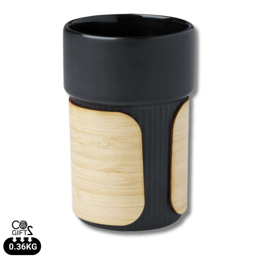 Vaso Sostenible de Cerámica con Funda Extraible de Bambú Personalizable Especial Oficina Fika - 340 ml