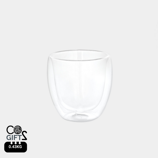Vaso de vidrio borosilicato con doble pared, caja de regalo personalizable, ideal para merchandising ecológico y regalos corporativos sostenibles