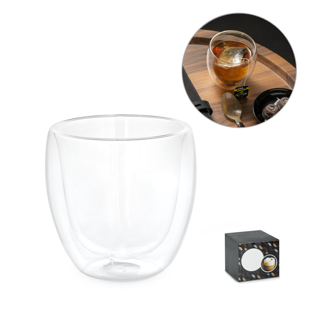Vaso de vidrio borosilicato con doble pared, caja de regalo personalizable, ideal para merchandising ecológico y regalos corporativos sostenibles