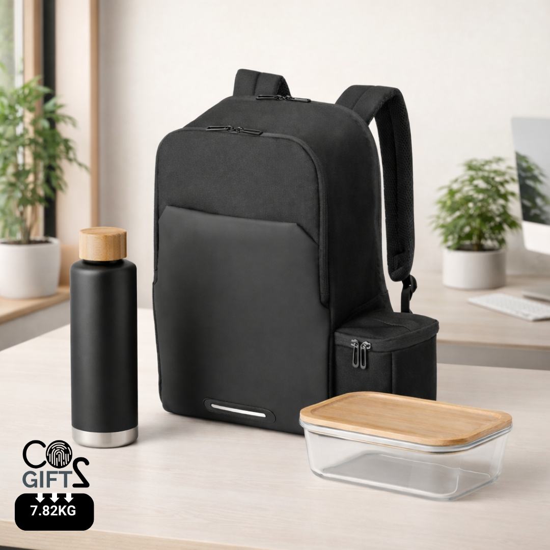 Pack Nómada welcome pack sostenible con mochila 2 en 1, botella térmica y fiambrera de vidrio para empresas