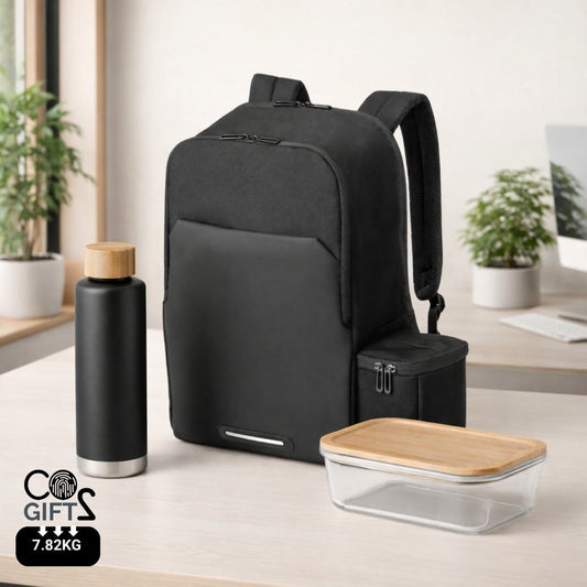 Pack Nómada welcome pack sostenible con mochila 2 en 1, botella térmica y fiambrera de vidrio para empresas