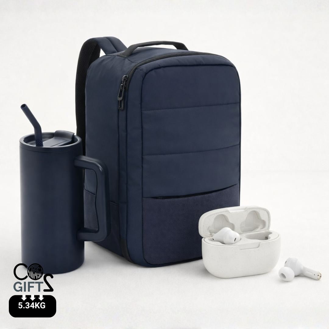 Pack Horizon para onboarding corporativo con mochila de viaje, taza térmica de 800 ml y auriculares reciclados