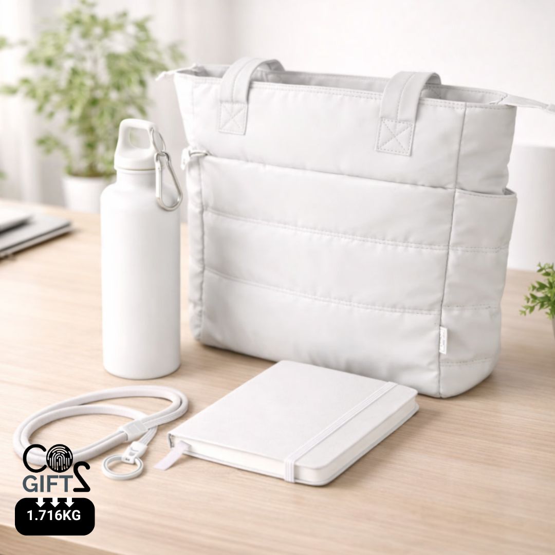 Pack Trace welcome pack sostenible con tote para portátil, botella reciclada, lanyard y libreta A5 para empresas