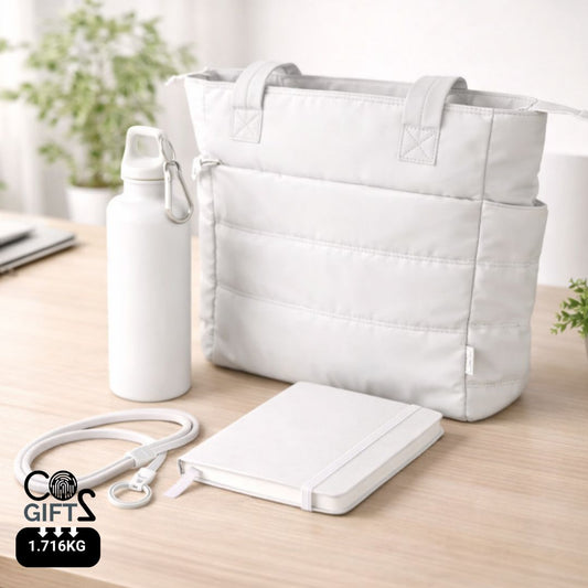 Pack Trace welcome pack sostenible con tote para portátil, botella reciclada, lanyard y libreta A5 para empresas