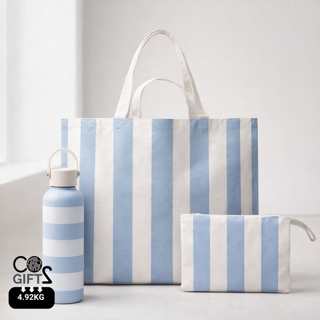 Welcome pack verano premium para empresas con bolsa de playa GRS, bolso imprescindible con cremallera GRS y botella térmica 600 ml de acero reciclado RCS