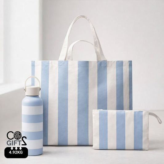 Welcome pack verano premium para empresas con bolsa de playa GRS, bolso imprescindible con cremallera GRS y botella térmica 600 ml de acero reciclado RCS