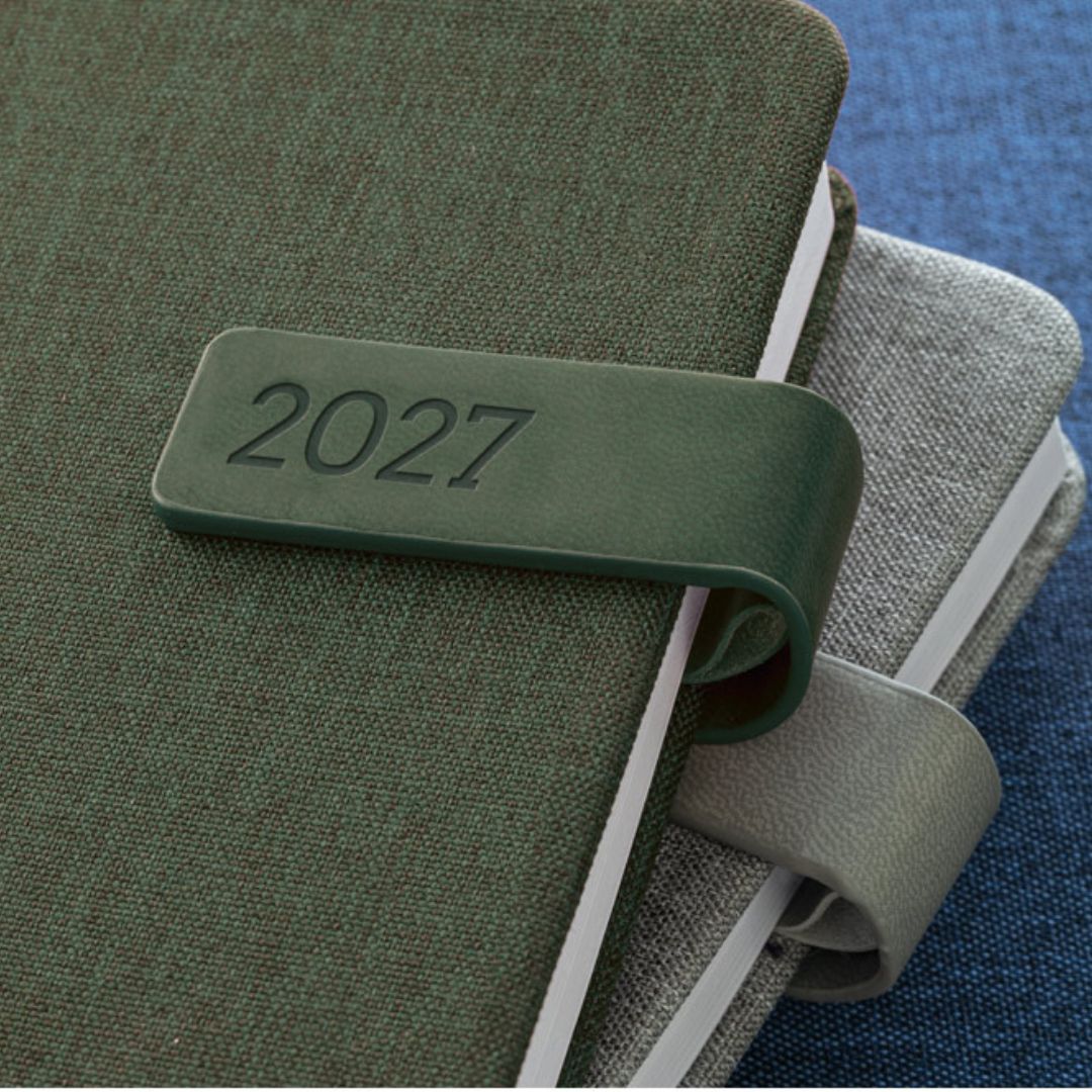 Agenda Andresen 2027 con plan diario para merchandising ecológico corporativo