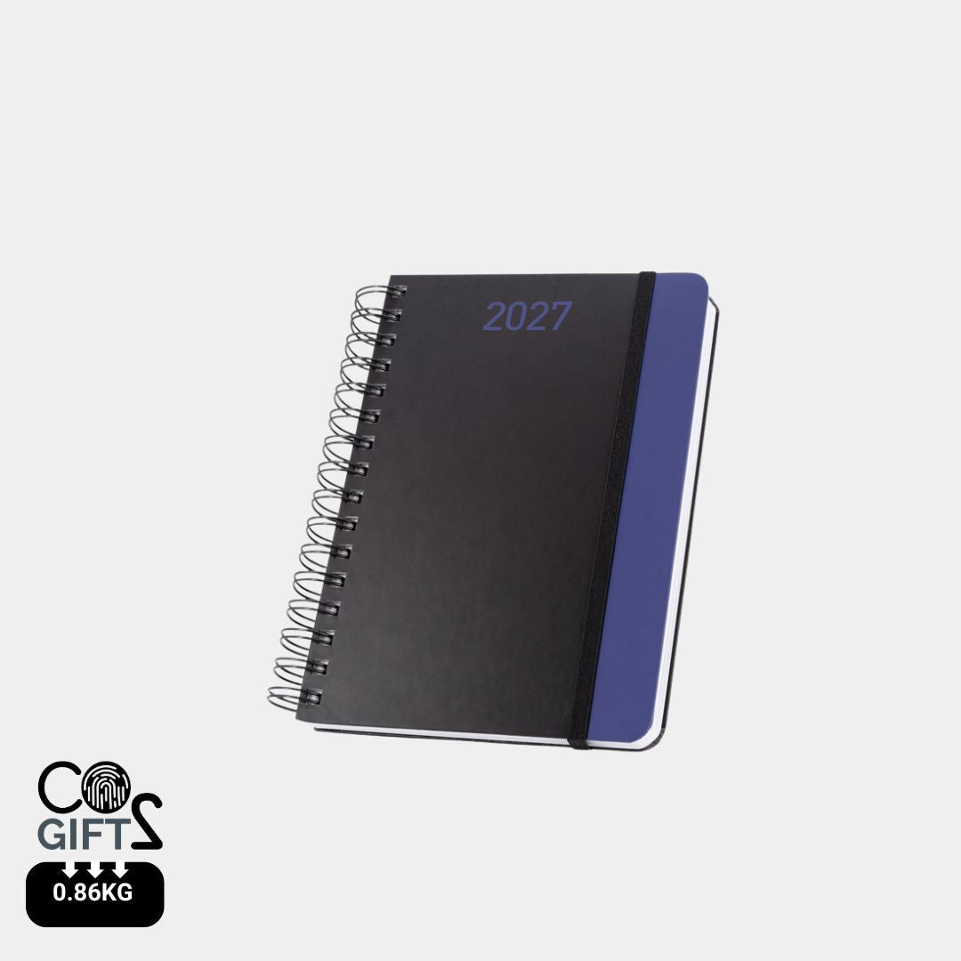 Agenda Brecht 2027 con plan diario para merchandising ecológico corporativo