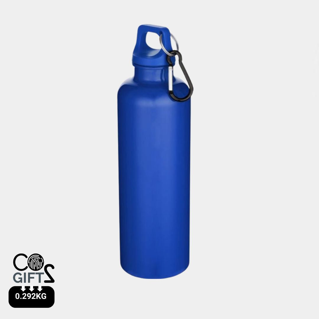 Botella azul reciclada certificada RCS con huella carbono medida 0,292 kg CO2e para congresos