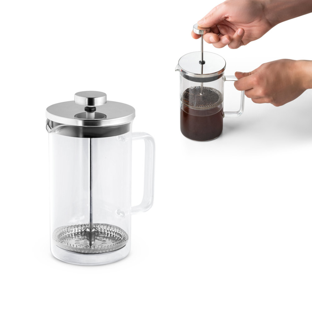 Cafetera ecológica para merchandising de empresa – diseño en vidrio y acero con caja kraft