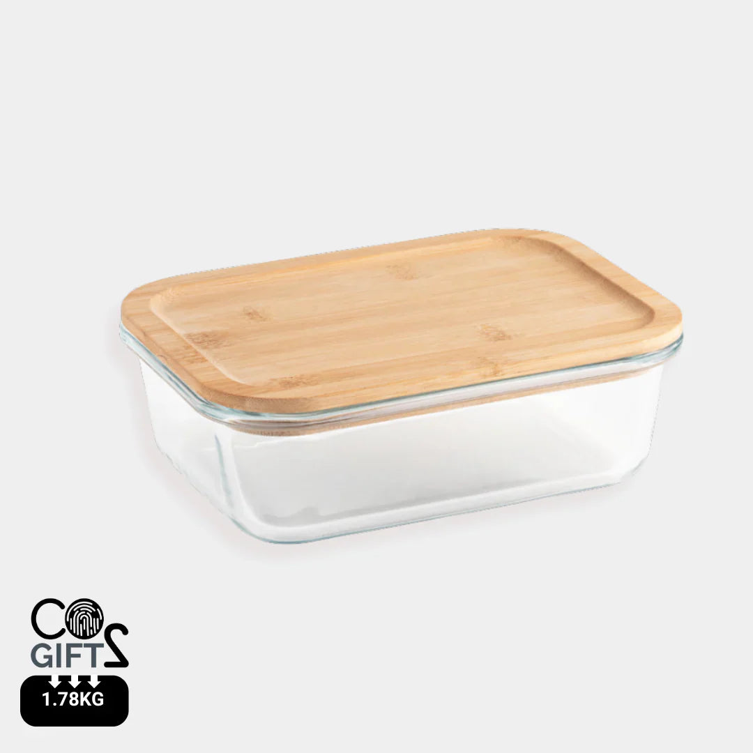 Fiambrera Portobello de un litro con recipiente de vidrio borosilicato y tapa de bambú