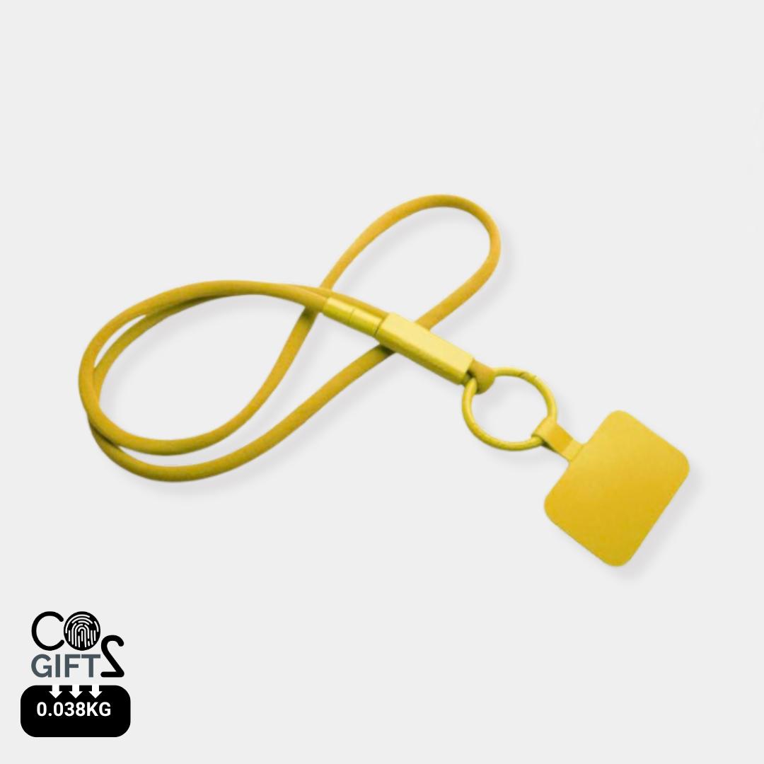 Lanyard naranja sol reciclado fabricacion europea soporte movil para eventos responsables huella carbono baja