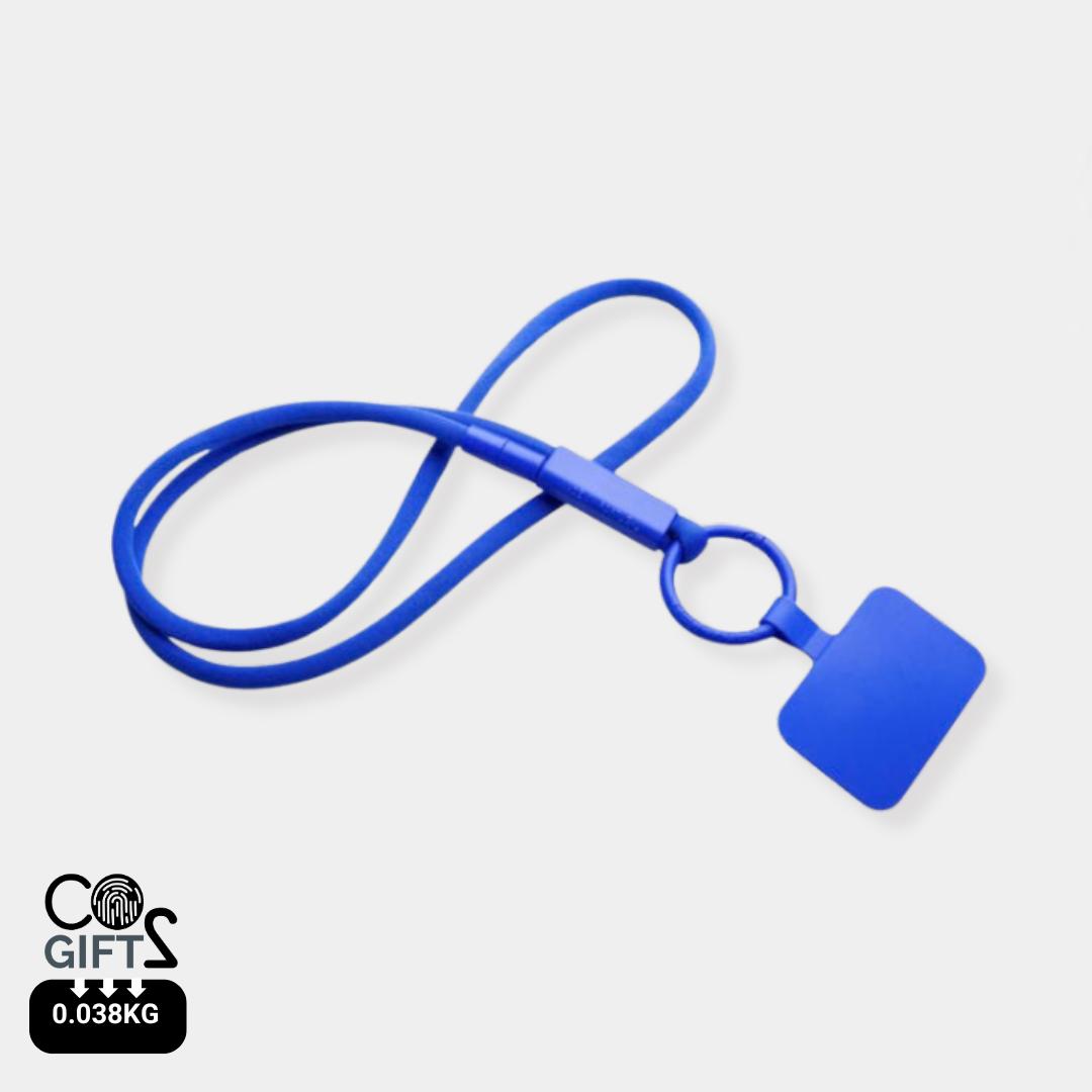 Lanyard azul reciclado porta smartphone fabricado en Portugal huella carbono baja para eventos corporativos ESG
