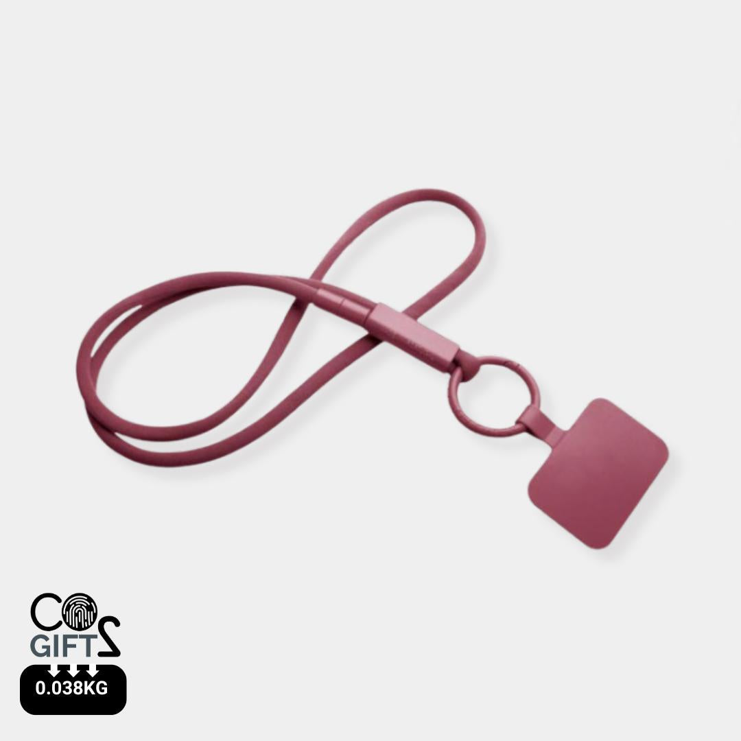 Lanyard burdeos reciclado fabricado en Europa Portugal con soporte telefono acreditaciones corporativas sostenibles