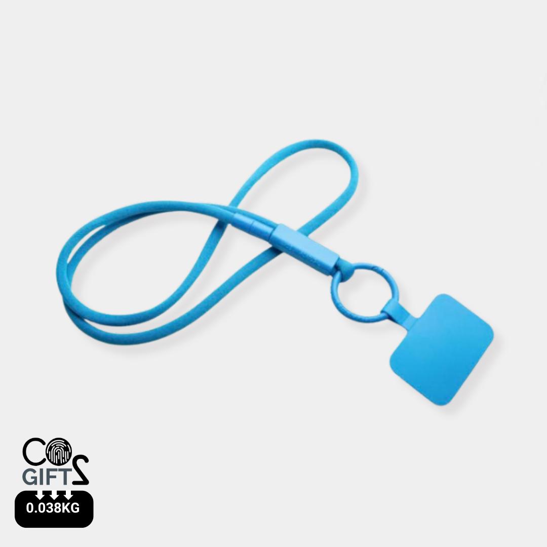 Lanyard celeste reciclado soporte movil made in Europe acreditaciones sostenibles congresos responsables