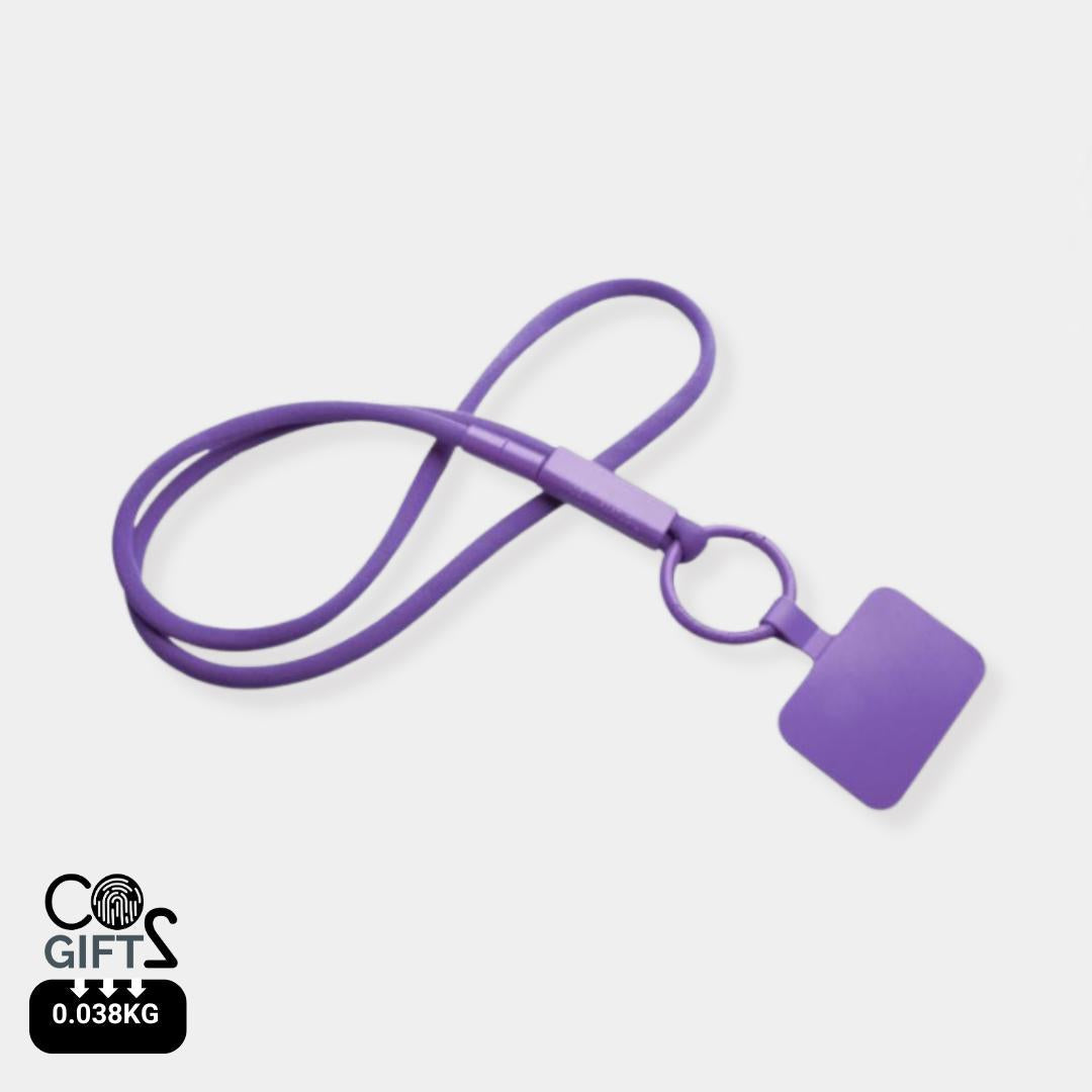 Lanyard morado reciclado soporte telefono eventos sostenibles made in Europe Portugal huella carbono medida