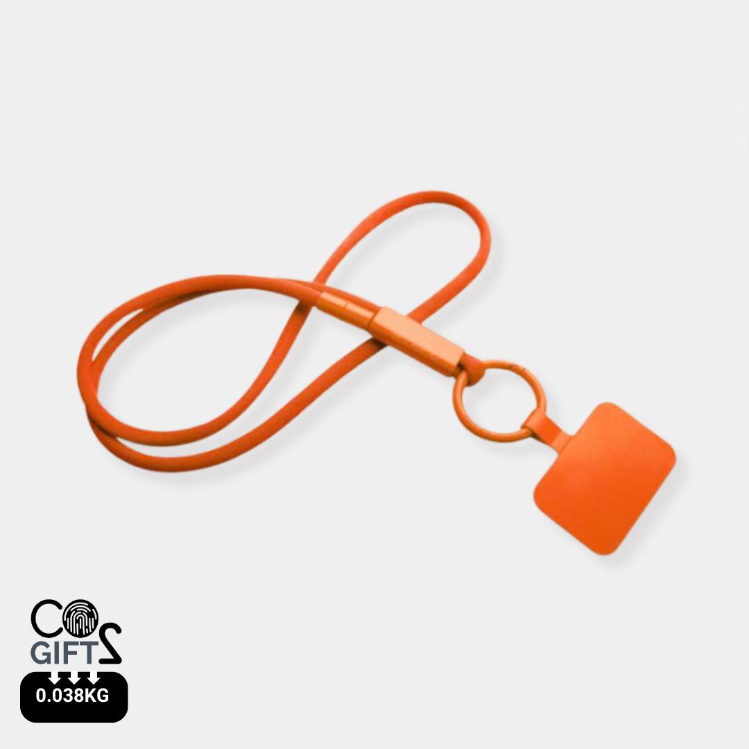 Lanyard naranja reciclado soporte smartphone made in Portugal merchandising sostenible bajo carbono CO2e