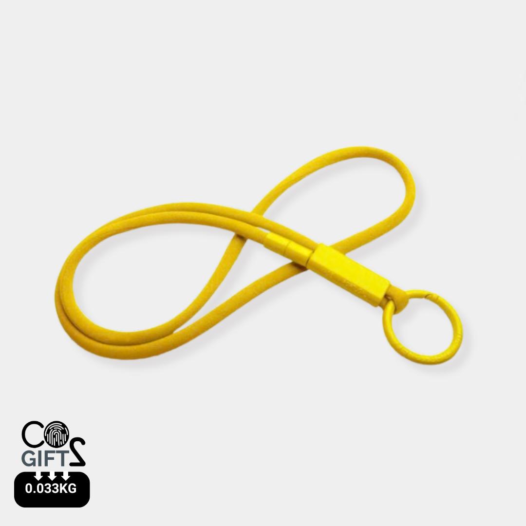 Lanyard amarillo reciclado Portugal huella carbono baja 0,033 kg CO2e para eventos corporativos sostenibles