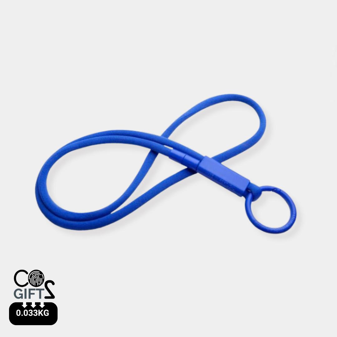 Lanyard azul reciclado huella carbono baja 0,033 kg CO2e acreditaciones profesionales sostenibles