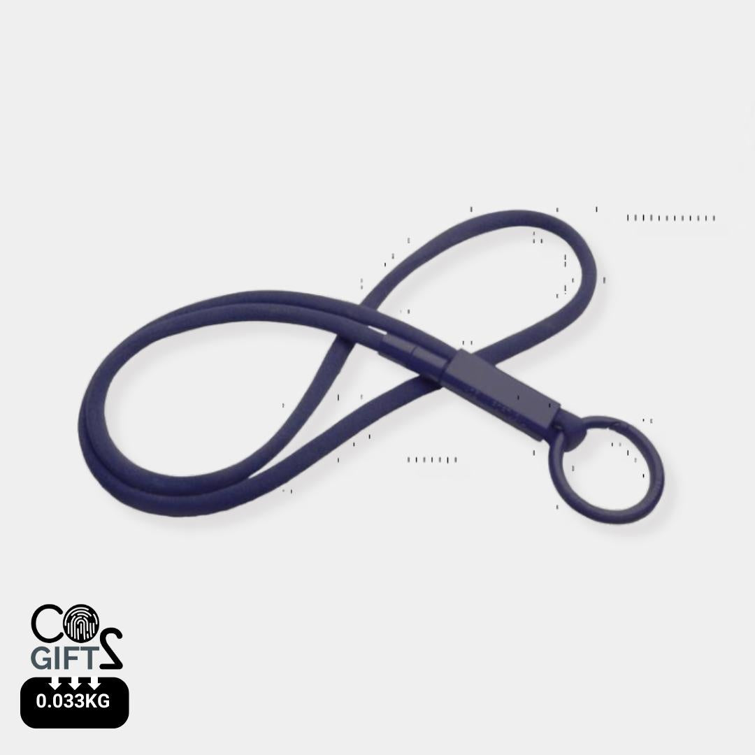 Lanyard azul marino reciclado Portugal bajo impacto carbono merchandising ESG empresas