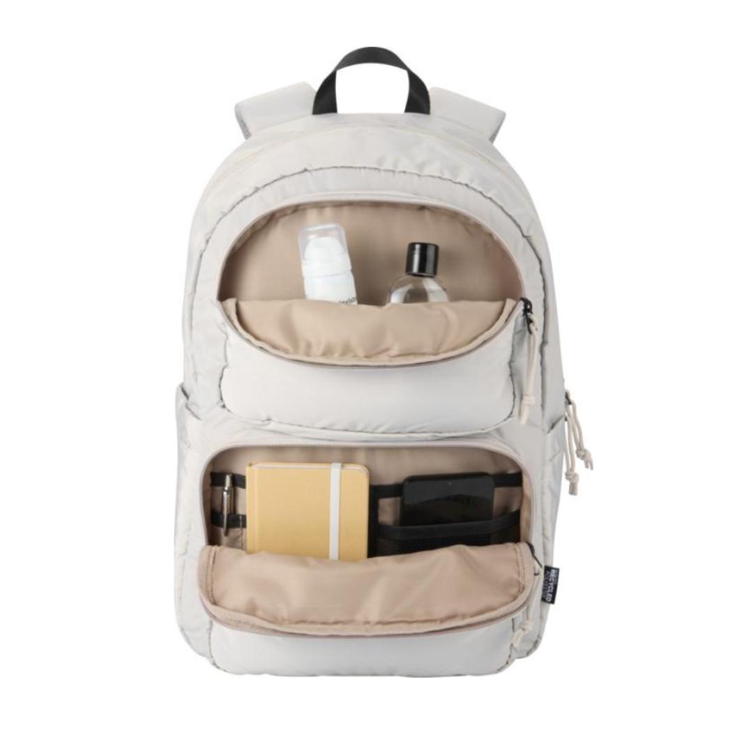interior Mochila portatil reciclada certificada GRS con huella carbono calculada 1,291 kg CO2e ideal para welcome packs y empresas sostenibles