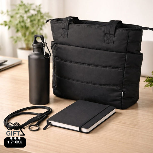 Welcome pack corporativo personalizado con productos reciclados y huella de carbono calculada